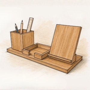 Schreibtisch Organizer aus Holz - selbstgemacht im Gruppentraining Selbstgebauter Schreibtisch-Organizer aus Holz – handwerkliches Ergebnis aus dem offenen Führungskräfte-Training in der Schreinerei