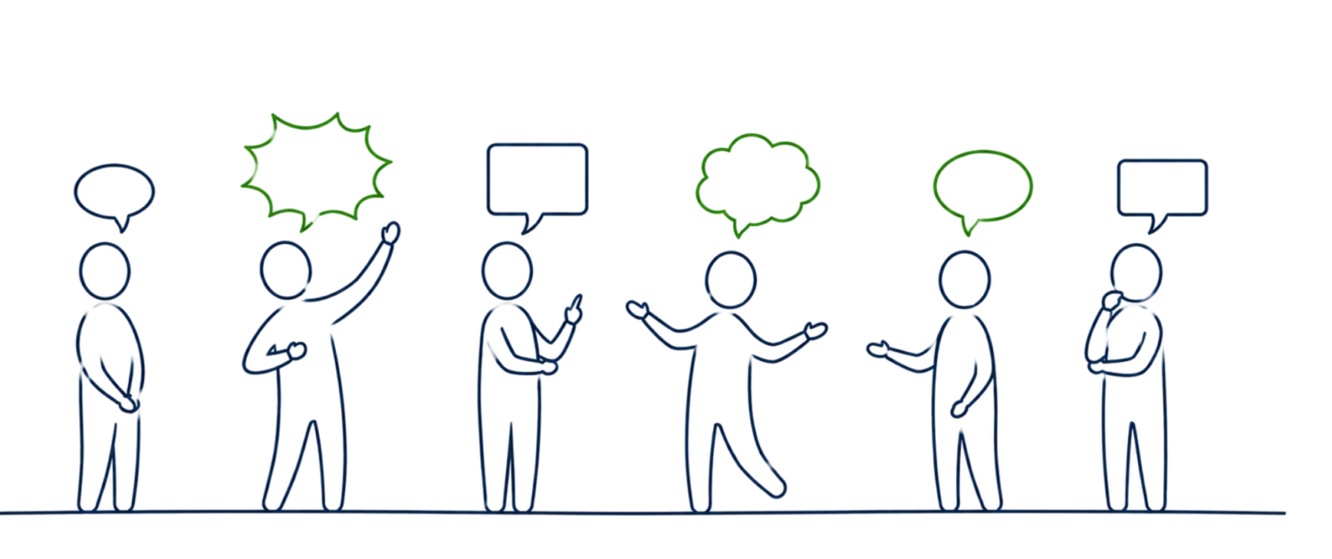 Sketchnote: Sechs Figuren mit unterschiedlichen Sprechblasen. Kommunikationstypen im Team verstehen.