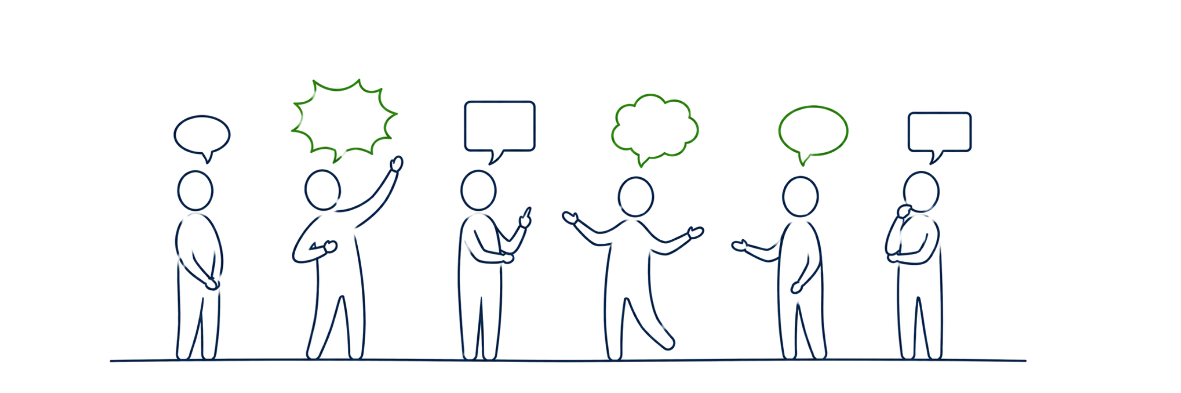 Sketchnote: Sechs Figuren mit unterschiedlichen Sprechblasen. Kommunikationstypen im Team verstehen.