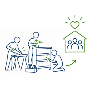 Soziales Teamevent: Teambuilding-Schreiner-Workshop für einen guten Zweck. Ein Team baut gemeinsam ein Möbel und spendet es an eine soziale Einrichtung. Social Day / CSR-Teambuilding.