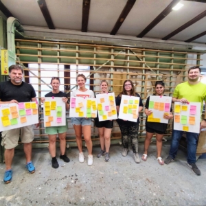 Abschluss Teambuilding-Workshop. Team steht vor der Plattensäge ind er Werkstatt mit Plakaten. Reflexion der Teamrollen von cbs Corporate Business Solutions